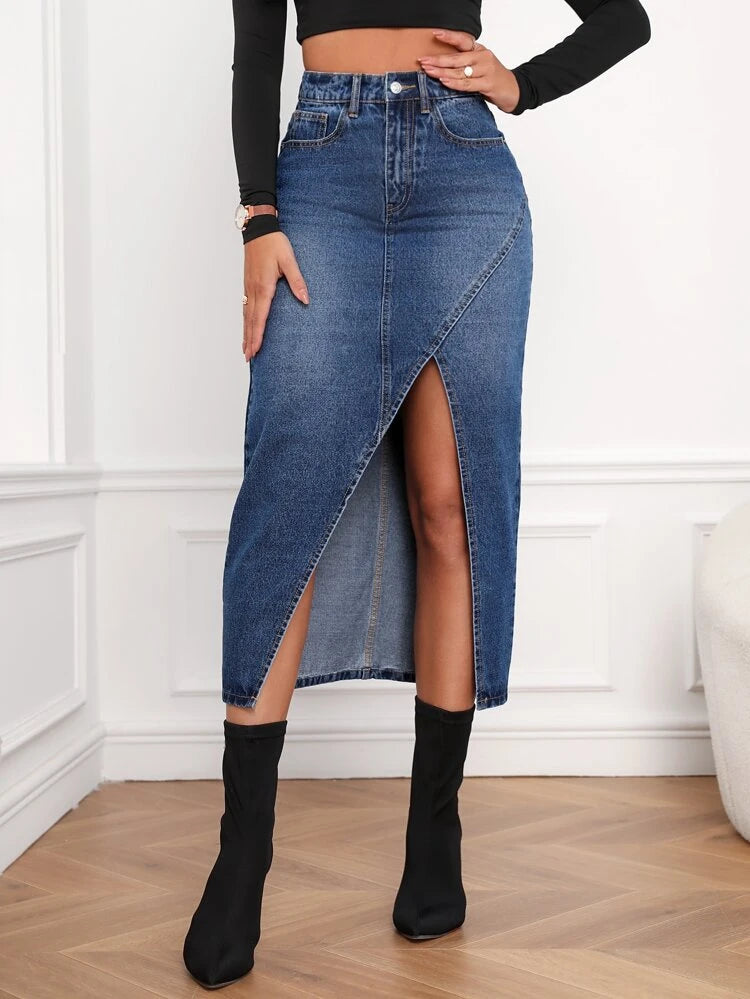 Midnight Blue Slit Denim Skirt