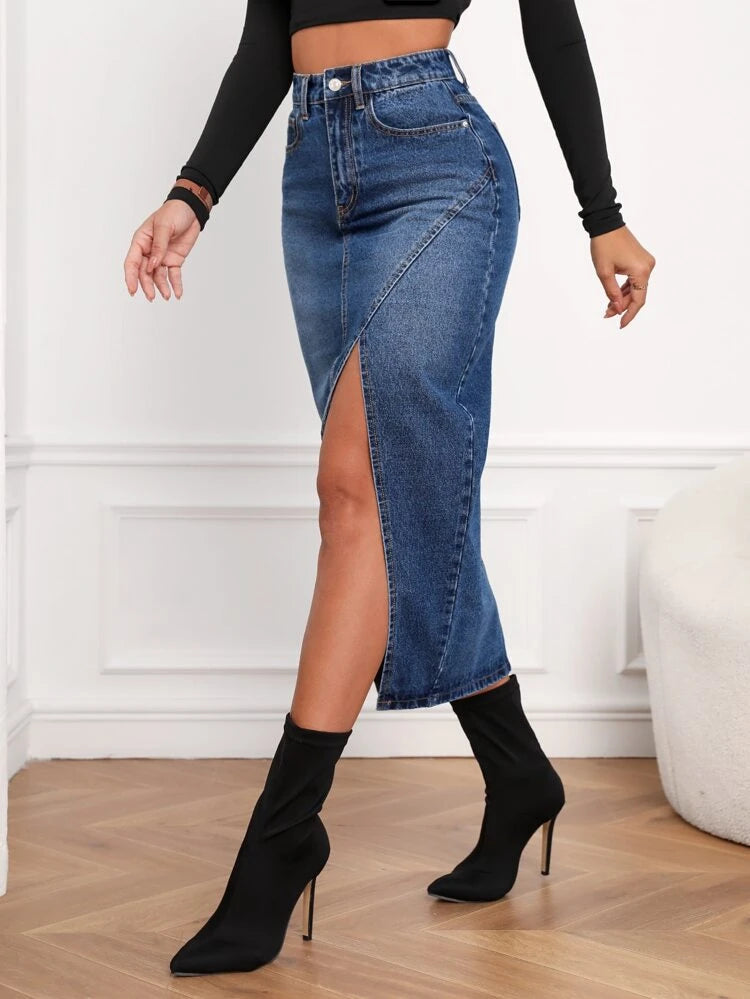 Midnight Blue Slit Denim Skirt