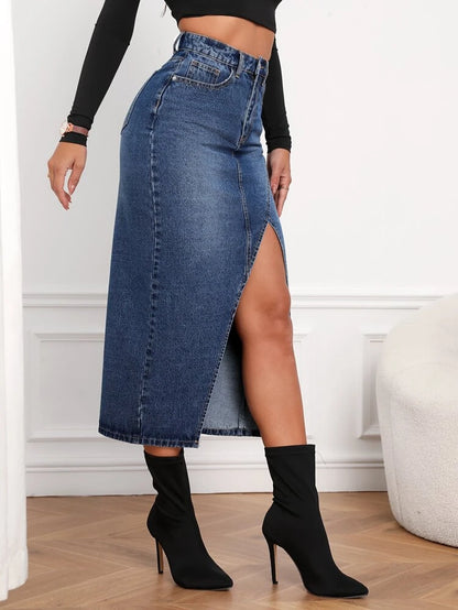 Midnight Blue Slit Denim Skirt