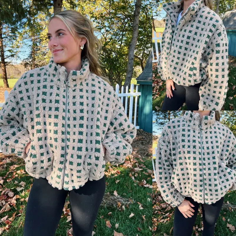 Gingham Sherpa Zip Jacket