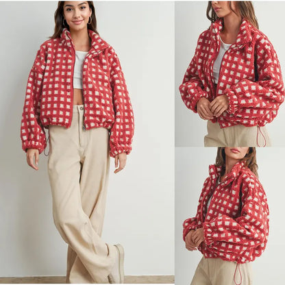 Gingham Sherpa Zip Jacket