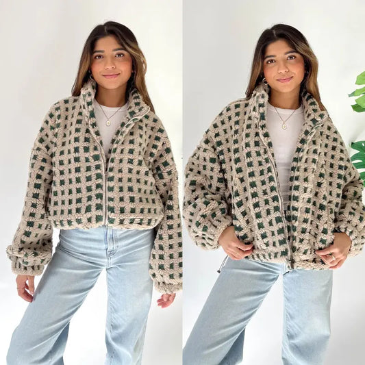 Gingham Sherpa Zip Jacket