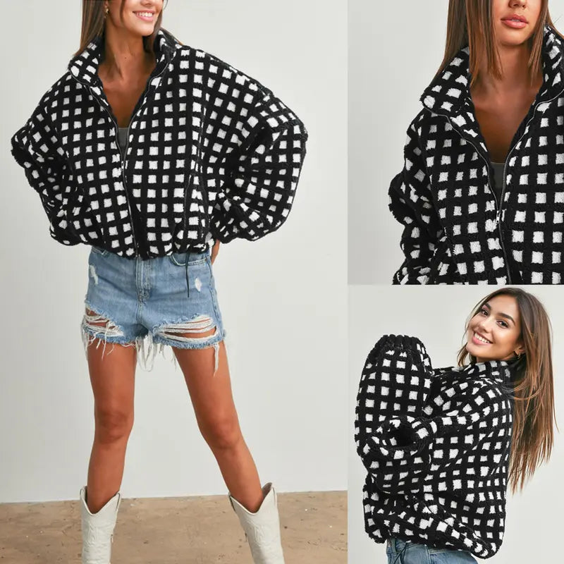 Gingham Sherpa Zip Jacket