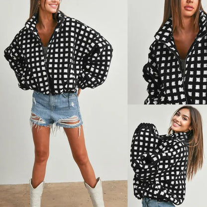 Gingham Sherpa Zip Jacket