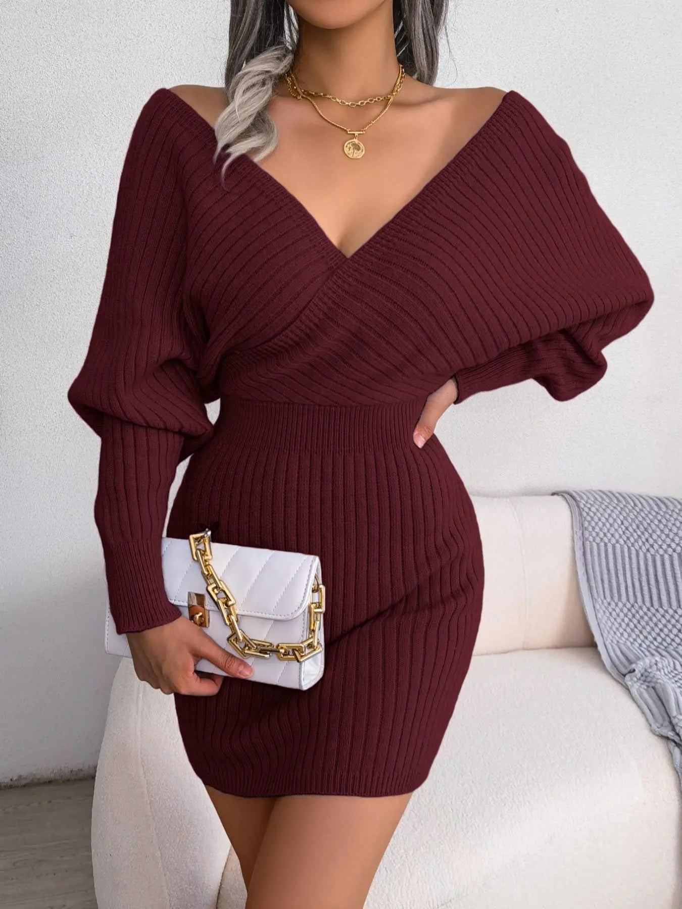Velure™ – Cross V-Neck Sweater Dress
