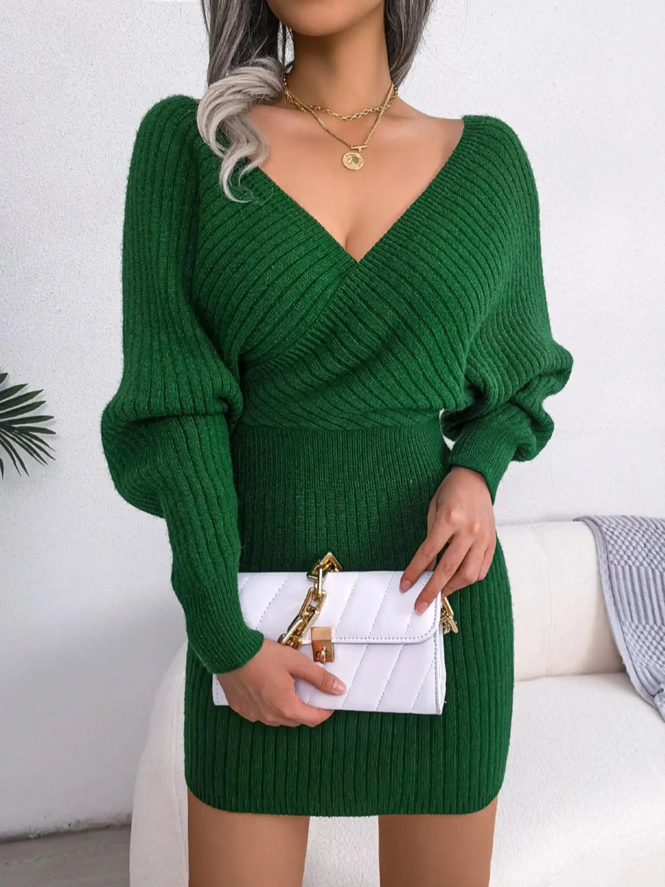 Velure™ – Cross V-Neck Sweater Dress